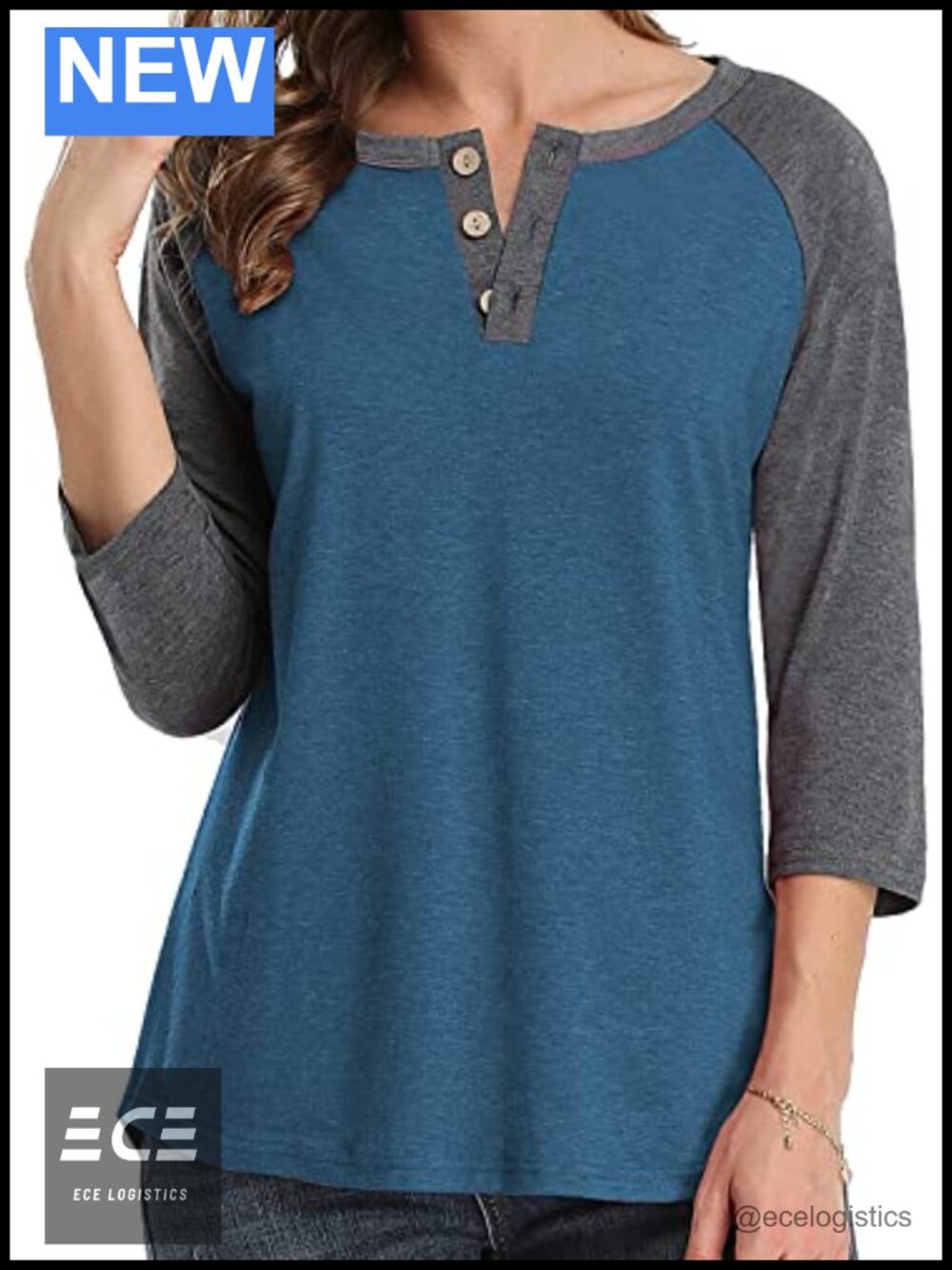 Womens 3/4 Sleeve Raglan Henley Button Tunic Top Color Block Blouse